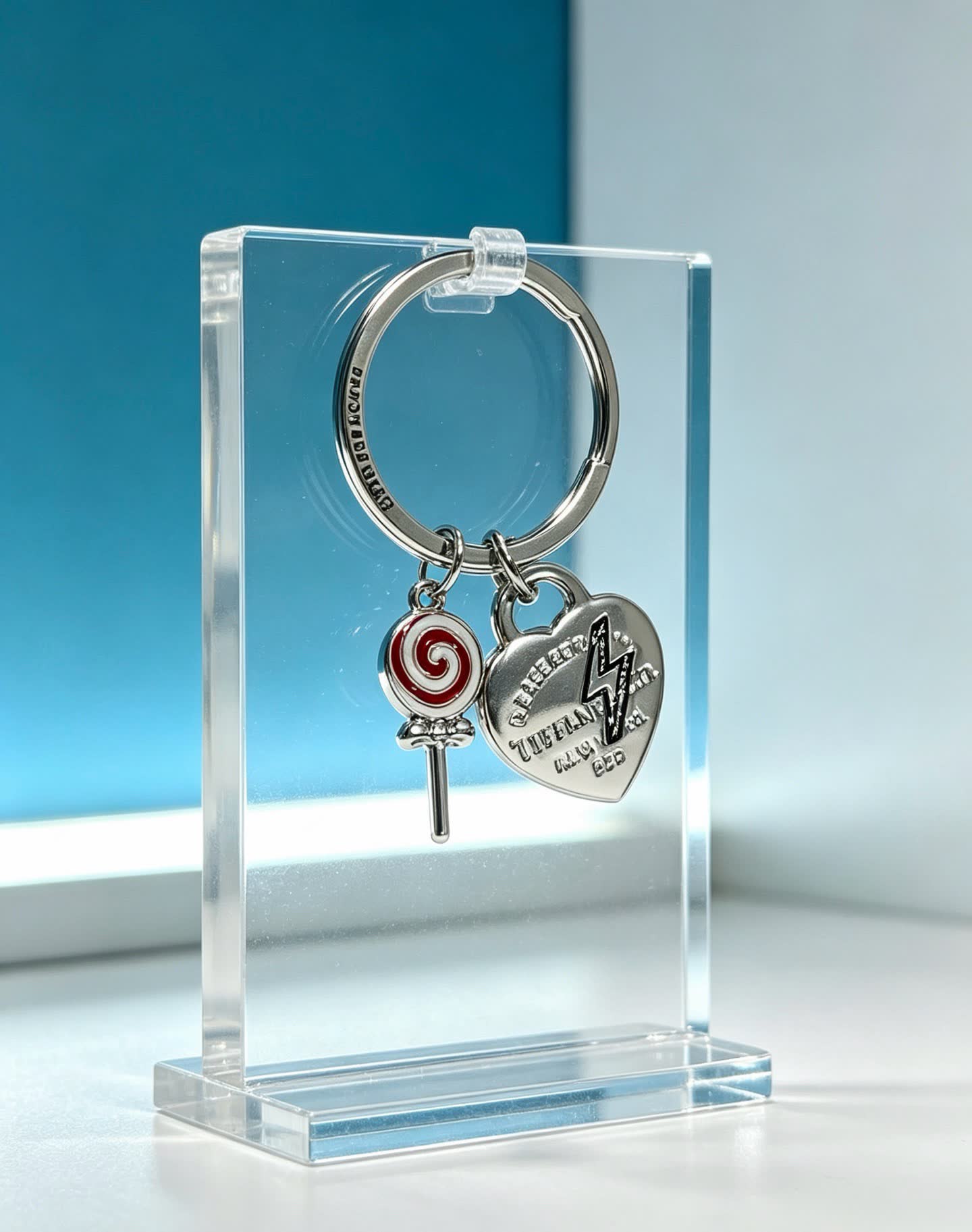 Tiffany & Co Silver Keychain with Lollipop and Heart Charms